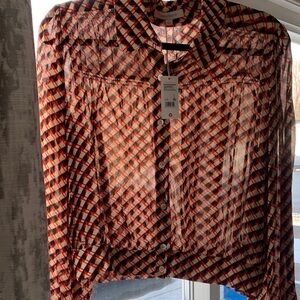 Geometric Print Button-Front Blouse - Red BaigeBlack